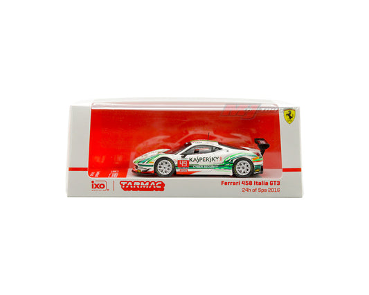 Tarmac Works 1:64 Ferrari 458 Italia GT3 – 24h of Spa 2016 #49 – S. Lemeret, R. Aguas, A Moiseeve, D. Rizzo – White with Green Stripes – ixo Models – Hobby64