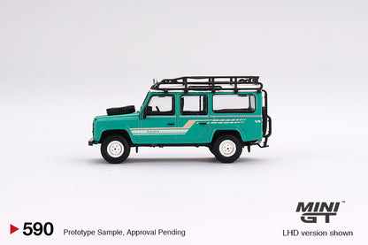 MiniGT 1:64 1985 Land Rover Defender 110 Station Wagon – Trident Green – MiJo Exclusive #590