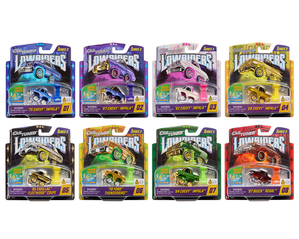 CarTuned 1:64 Lowriders SHOW GLOW 2026 Series 3 Set of 8 Styles – L.E.D. Light Up Chassis