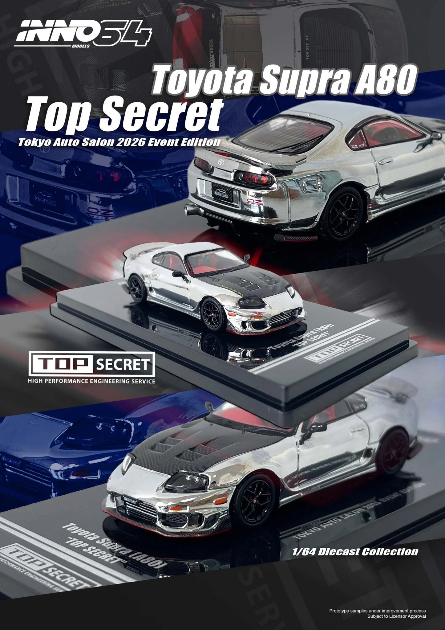 Inno64 1:64 Toyota Supra A80 Top Secret GT300 Chrome - 2026 Tokyo Auto Salon Exclusive
