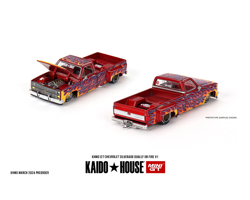 MiniGT X Kaido House 1:64 Chevrolet Silverado Dually on Fire V1 – Red with Flames