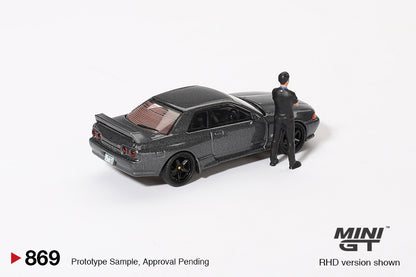 MiniGT 1:64 Nissan Skyline GT-R (R32) Nismo Gunmetal W/ Matsuda Figure – Tsugio Matsuda Collection #869