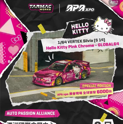 Tarmac Works 1:64 VERTEX Silvia S14 Hello Kitty Pink Chrome - 2025 APA EXPO Exclusive