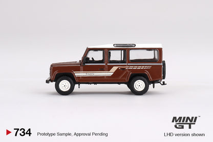 MiniGT 1:64 Land Rover Defender 110 1985 County Station Wagon Russet Brown – MiJo Exclusive #734