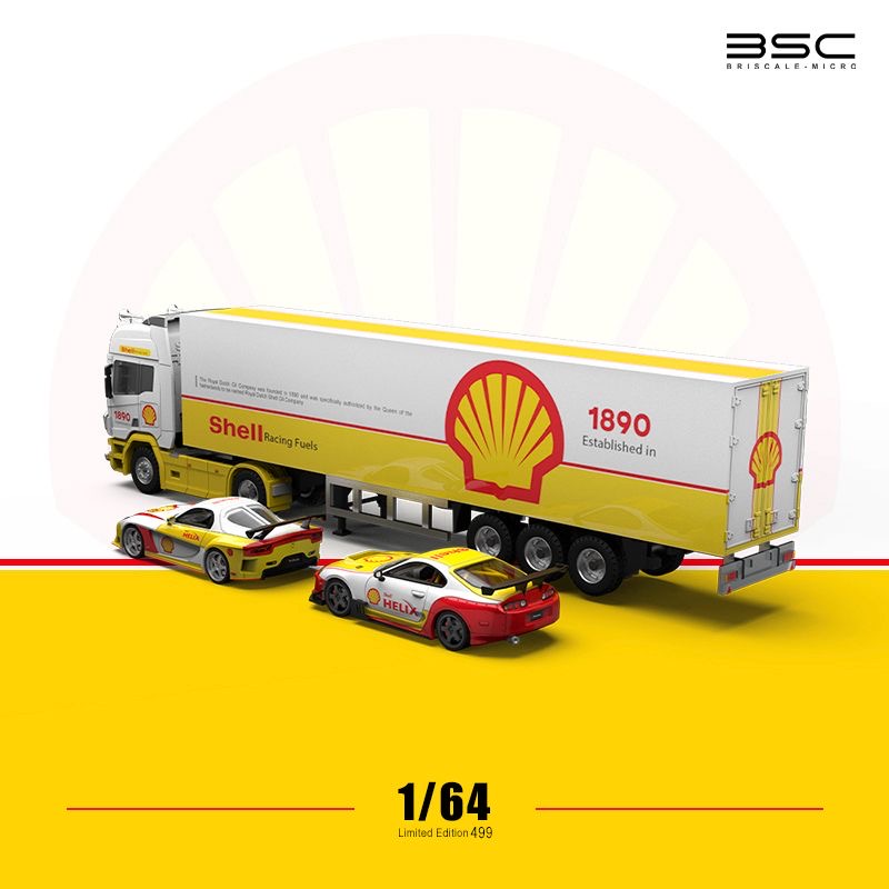 BSC 1:64 Shell Livery Scania Transport Truck With Supra, RX-7 & Figures - Complete Set