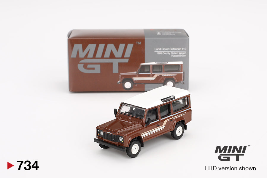 MiniGT 1:64 Land Rover Defender 110 1985 County Station Wagon Russet Brown – MiJo Exclusive #734