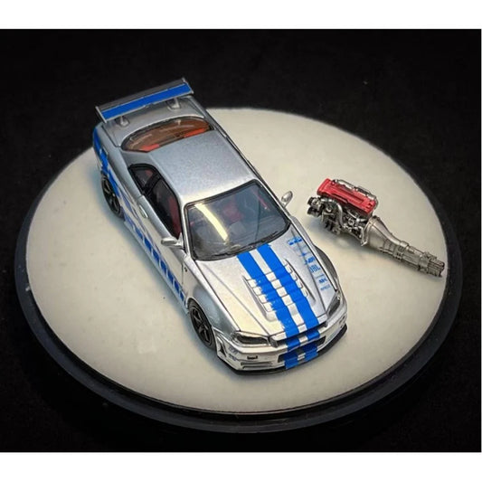 PGM X Onemodel 1:64 Nissan GT-R (R34) Z-Tune Silver W/ Blue Stripe - Fast & Furious