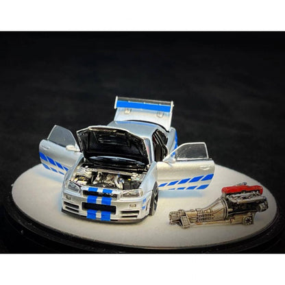 PGM X Onemodel 1:64 Nissan GT-R (R34) Z-Tune Silver W/ Blue Stripe - Fast & Furious