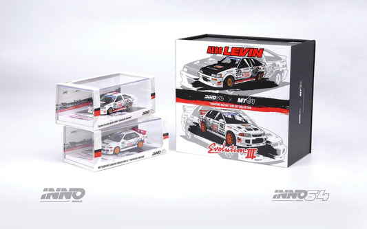 Inno64 1:64 Toyota Corolla AE86 Levin & Mitsubishi Lancer Evo III “Trackerz Racing” 2 Car Set Box