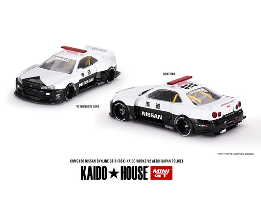 MiniGT X Kaido House 1:64 Nissan Skyline GT-R R34 Kaido Works (V2 Aero) Japan Police