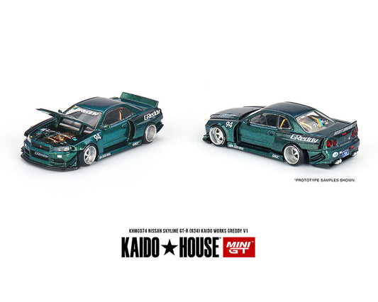 MiniGT X Kaido House 1:64 Nissan Skyline GT-R (R34) Kaido Works GReddy V1 – Green
