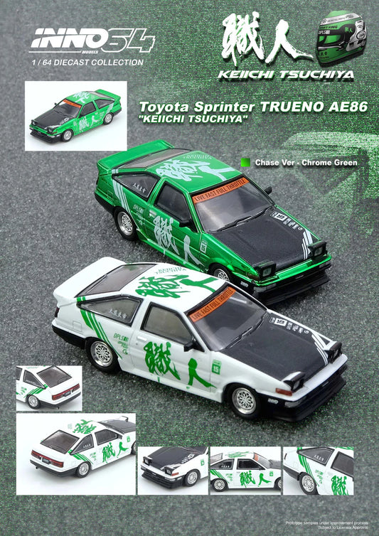 Inno64 1:64 Toyota Sprinter Trueno AE86 "Keiichi Tsuchiya" - White (Chance For Green Chase)