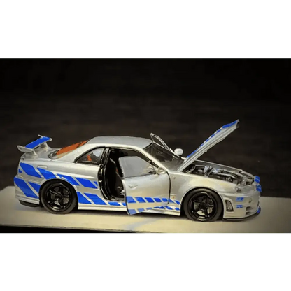 PGM X Onemodel 1:64 Nissan GT-R (R34) Z-Tune Silver W/ Blue Stripe - Fast & Furious