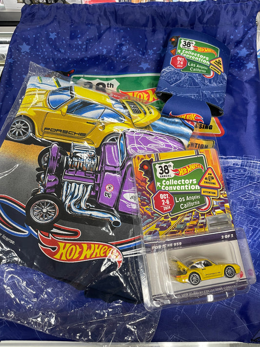 Hot Wheels 1:64 2024 LA Convention Souvenir Car - Porsche 959 Yellow With Shirt & Bag