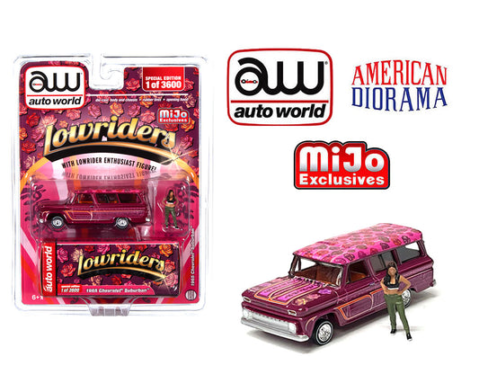 Auto World x American Diorama 1:64 1957 Chevrolet Suburban Lowrider With Figure – Pink – MiJo Exclusive