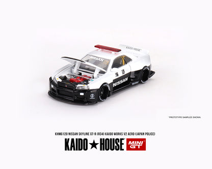 MiniGT X Kaido House 1:64 Nissan Skyline GT-R R34 Kaido Works (V2 Aero) Japan Police