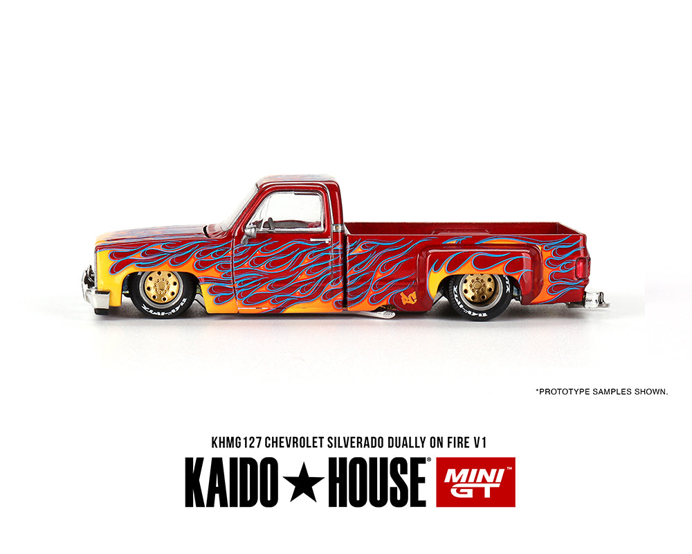 MiniGT X Kaido House 1:64 Chevrolet Silverado Dually on Fire V1 – Red with Flames