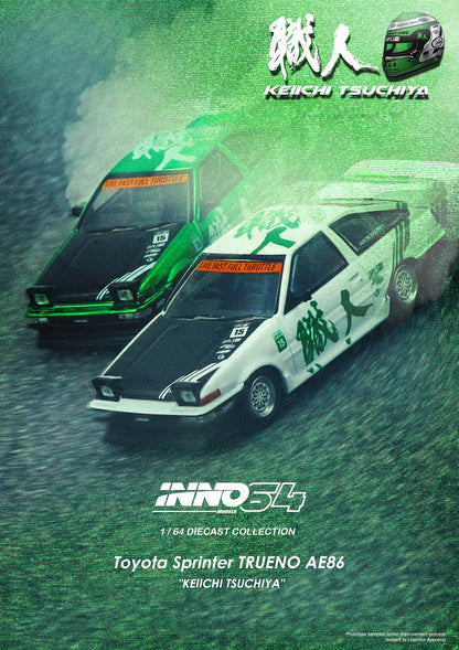 Inno64 1:64 Toyota Sprinter Trueno AE86 "Keiichi Tsuchiya" - White (Chance For Green Chase)