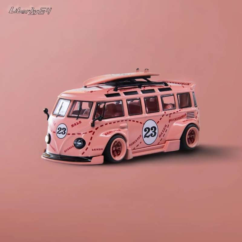 LF Model 1:64 VW Volkswagen T1 Bus With Surfboards - Pink Pig