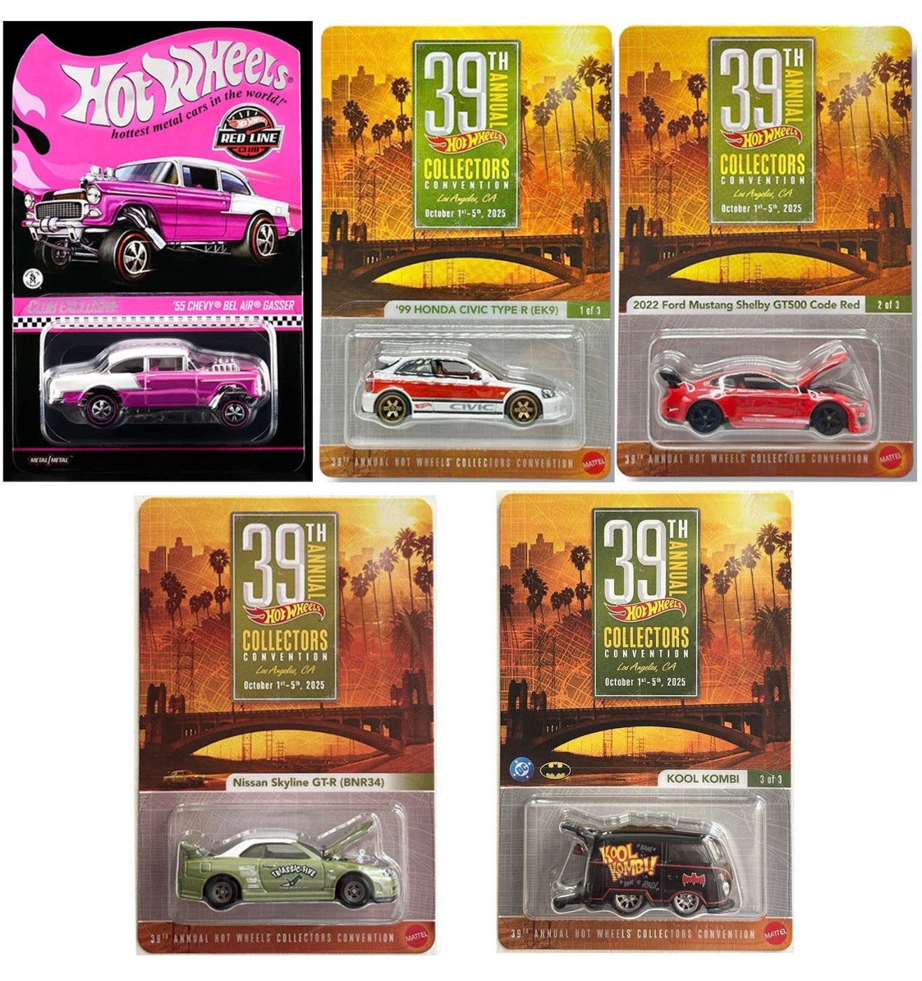 Hot Wheels 1:64 2025 39th Annual Los Angeles Collectors Convention FULL SET 5 CARS, Patch, Pin & Souvenir Bag