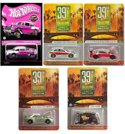 Hot Wheels 1:64 2025 39th Annual Los Angeles Collectors Convention FULL SET 5 CARS, Patch, Pin & Souvenir Bag