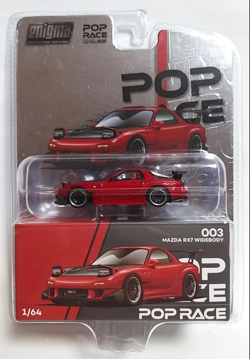 Pop Race 1:64 Mazda RX-7 Widebody RHD Red Metallic with Carbon Hood "Enigma Exclusive