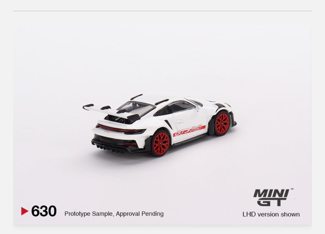 MiniGT 1:64 Porsche 911 (992) GT3 RS – White with Pyro Red Accent Package – MiJo Exclusive #630