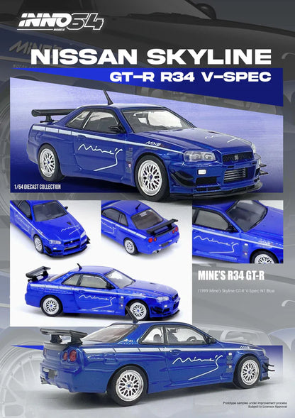 Inno64 1:64 Nissan Skyline GT-R R34 V-Spec Tuned by MINES - Blue