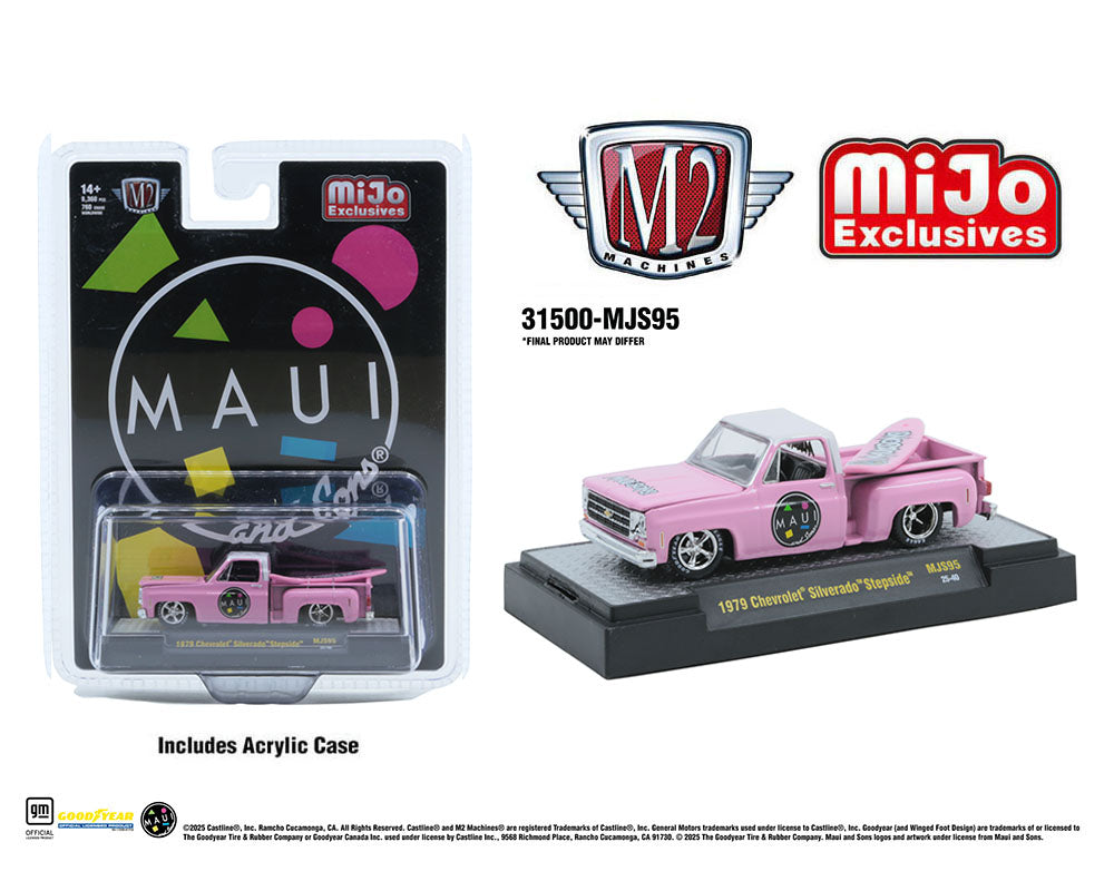 M2 Machines 1:64 1979 Chevrolet Silverado Stepside with Surfboard Maui & Son – Pink – MiJo Exclusive