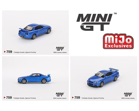 MiniGT 1:64 Nissan Skyline GT-R (R34) V-Spec – Bayside Blue – MiJo Exclusive #759