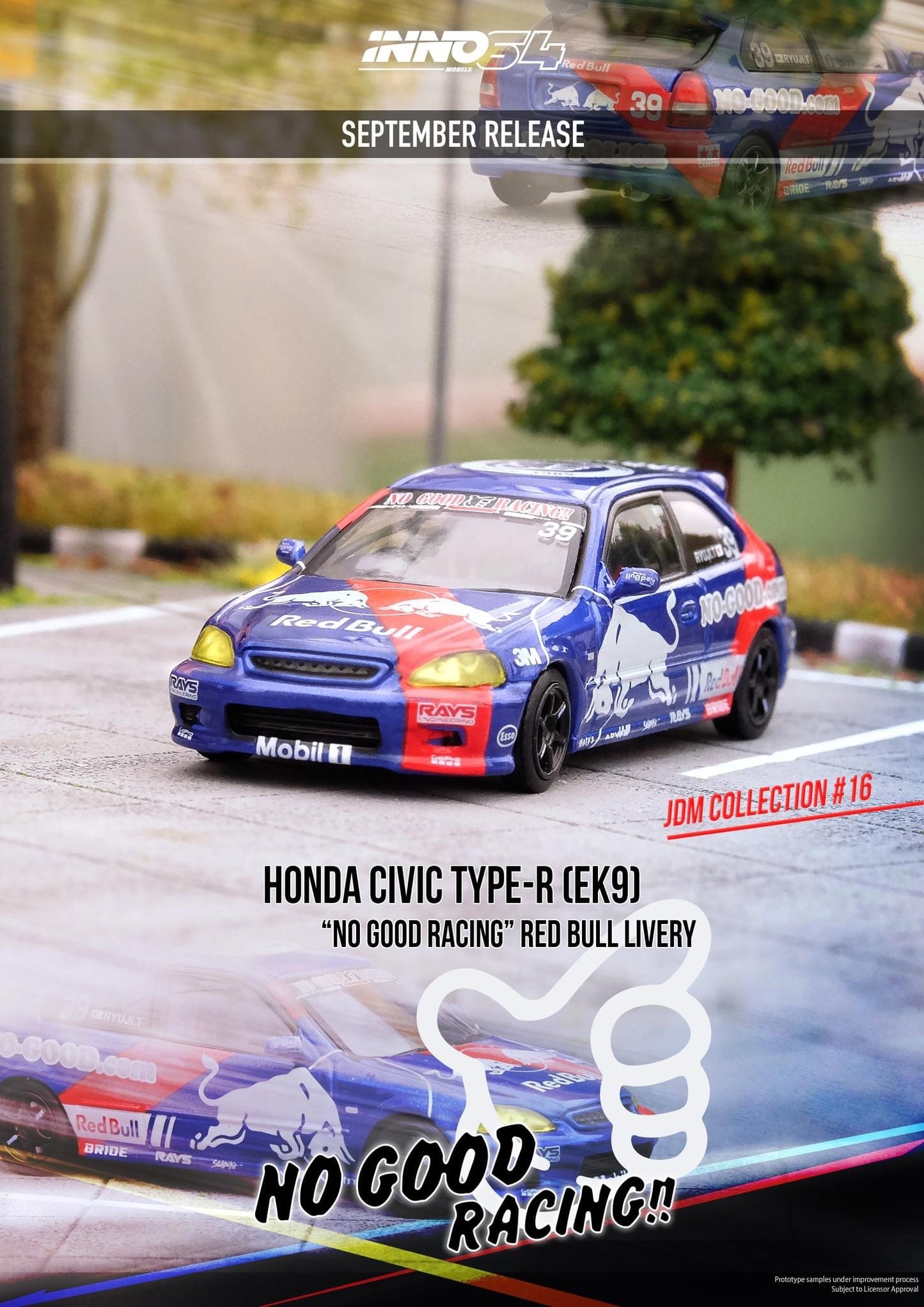 Inno64 1:64 Honda Civic Type-R EK9 "No Good Racing" Red Bull Livery