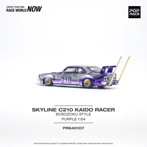 Pop Race 1:64 Skyline C210 Kaido Racer Bosozoku - Purple Chrome / Silver