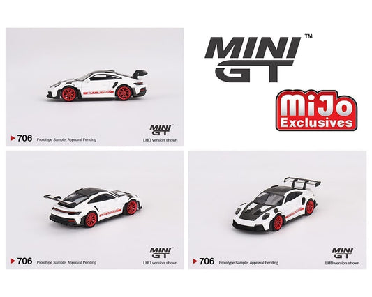 MiniGT 1:64 Porsche 911 (992) GT3 RS Weissach Package – White with Pyro Red - #706