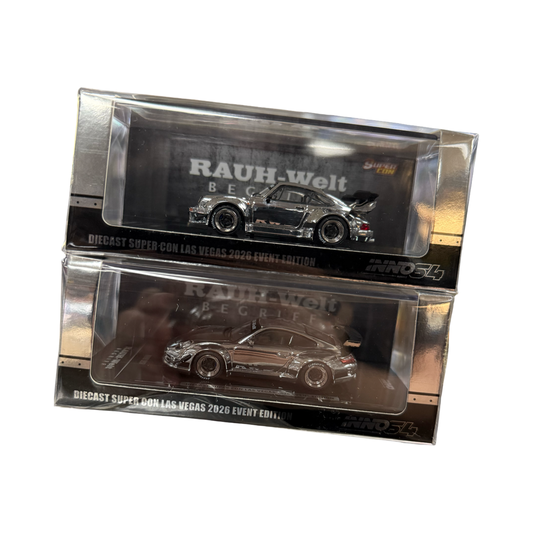 Inno64 1:64 RWB 997 & RWB 993 Silver Chrome PAIR - 2026 Diecast SuperCon Exclusive SET