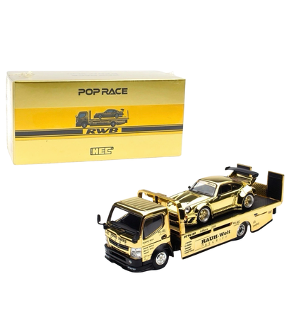 Pop Race 1:64 Gold Chrome RWB 930 & Fuso Truck Set - HEC 2026 Exclusive