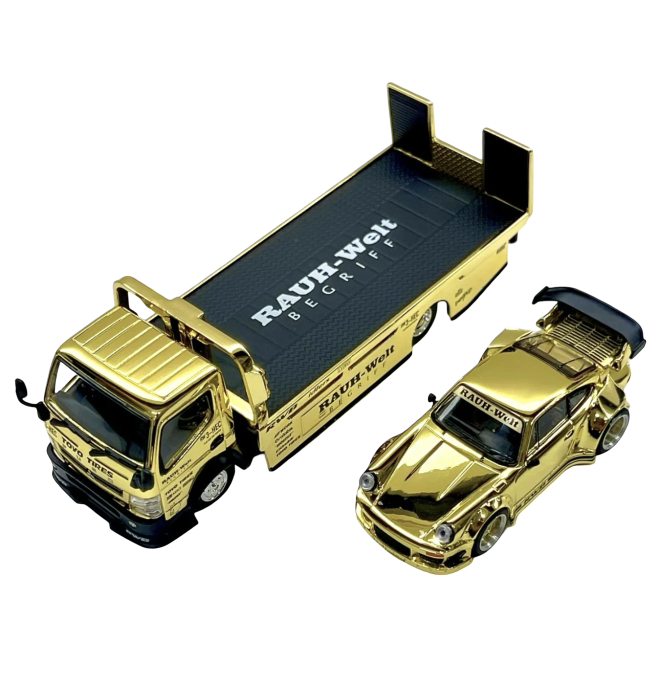 Pop Race 1:64 Gold Chrome RWB 930 & Fuso Truck Set - HEC 2026 Exclusive