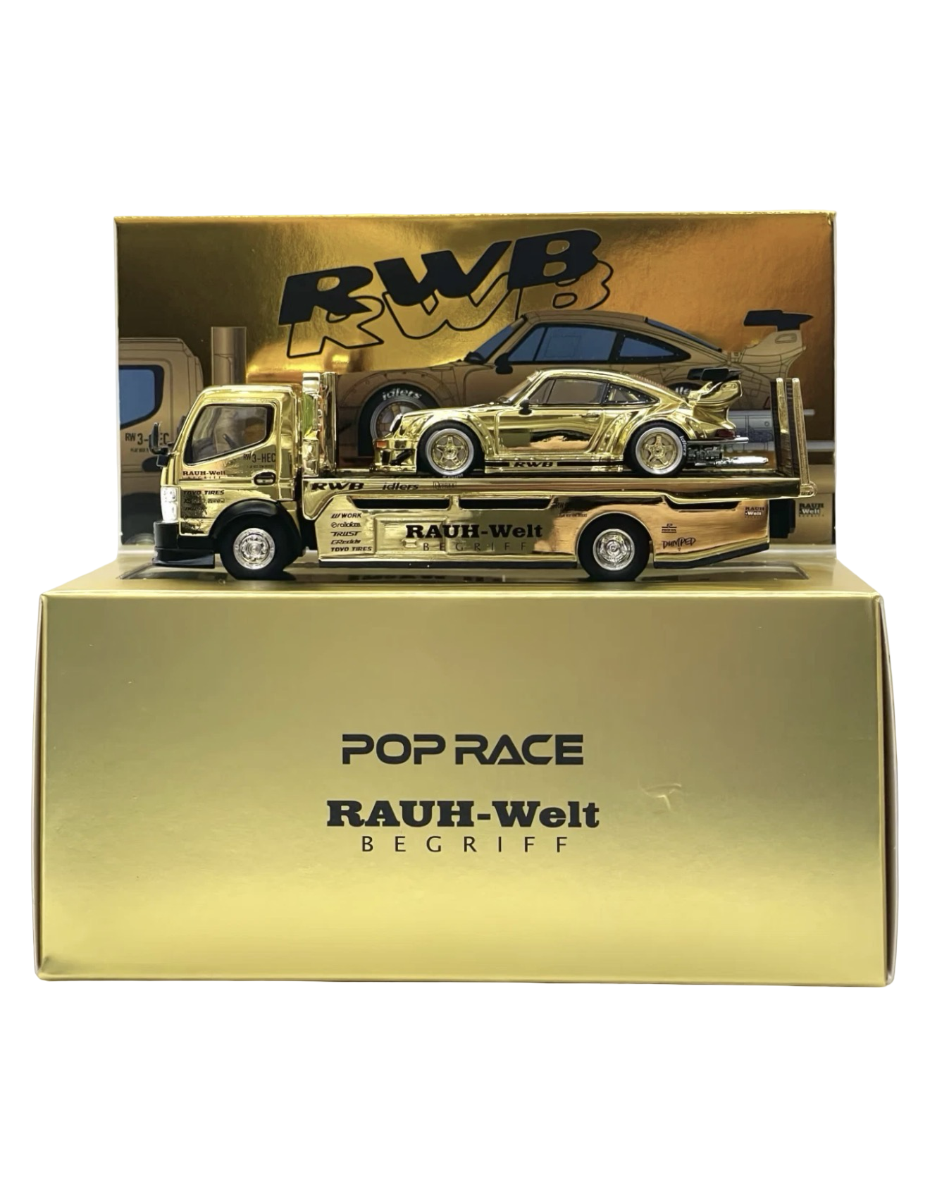 Pop Race 1:64 Gold Chrome RWB 930 & Fuso Truck Set - HEC 2026 Exclusive