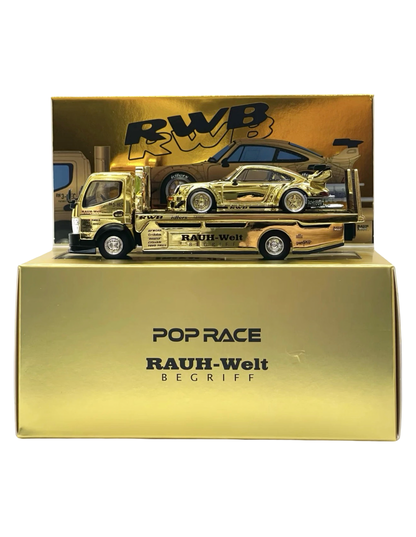 Pop Race 1:64 Gold Chrome RWB 930 & Fuso Truck Set - HEC 2026 Exclusive