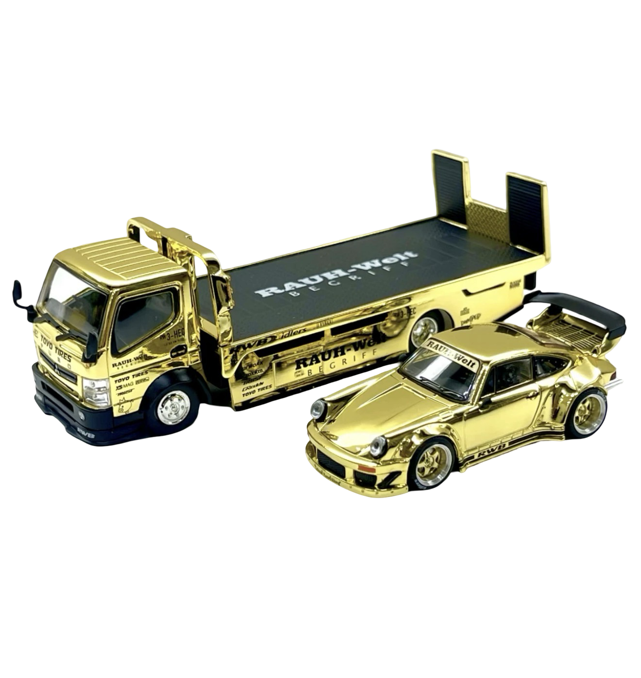 Pop Race 1:64 Gold Chrome RWB 930 & Fuso Truck Set - HEC 2026 Exclusive
