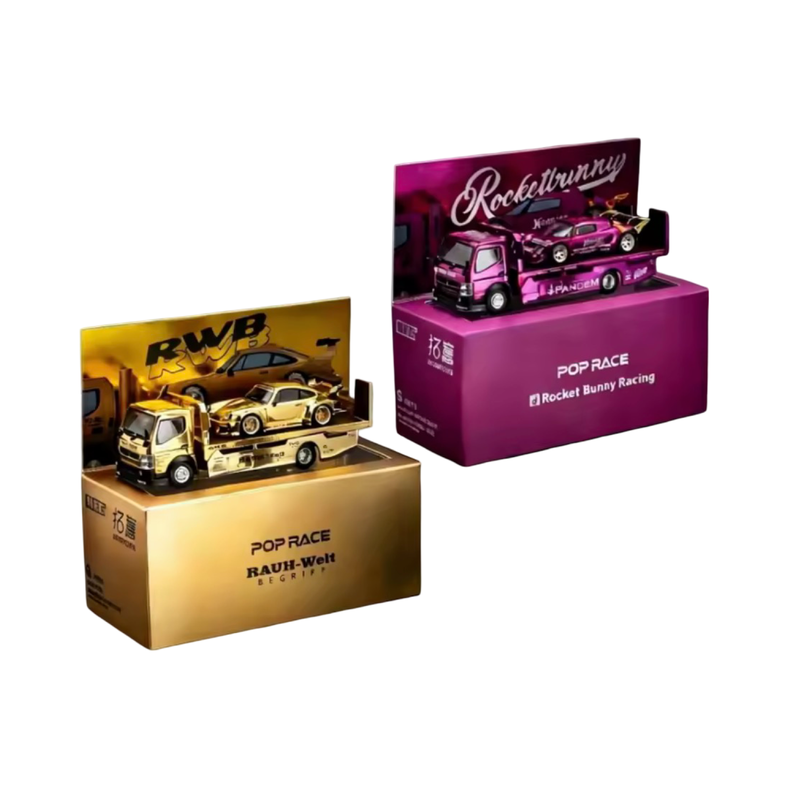 Pop Race 1:64 Gold Chrome RWB 930 Truck Set & Purple Chrome Lotus