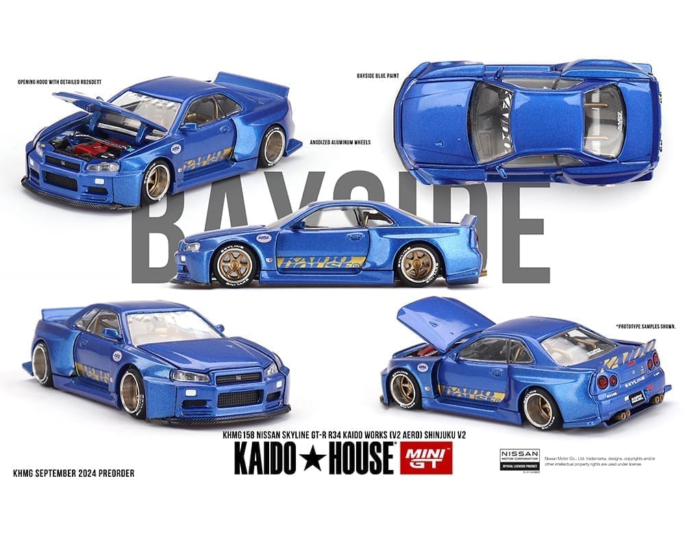 MiniGT X Kaido House 1:64 Nissan Skyline GT-R (R34) Kaido Works (V2 Aero) SHINJUKU V2- Blue