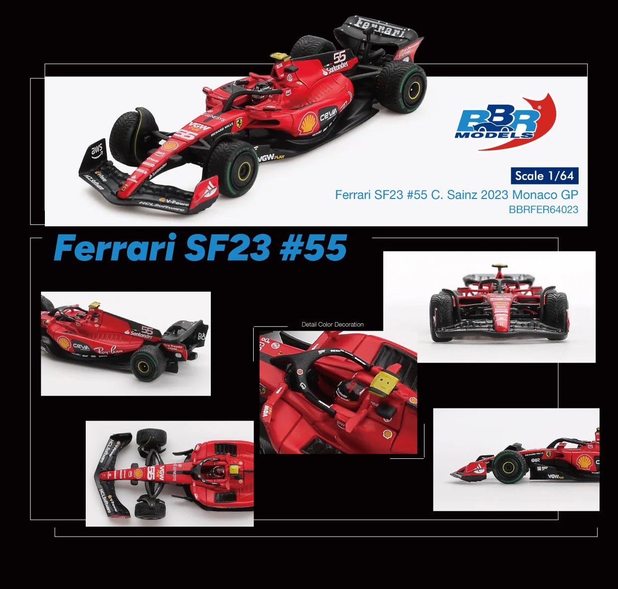 BBR Models 1:64 Ferrari SF23 #55 C. Sainz 2023 Monaco GP