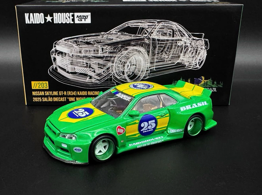 Kaido House 1:64 2025 Salao Diecast Exclusive “One Night In Brazil” Nissan Skyline GT-R R34 Kaido Racing - KHMG203
