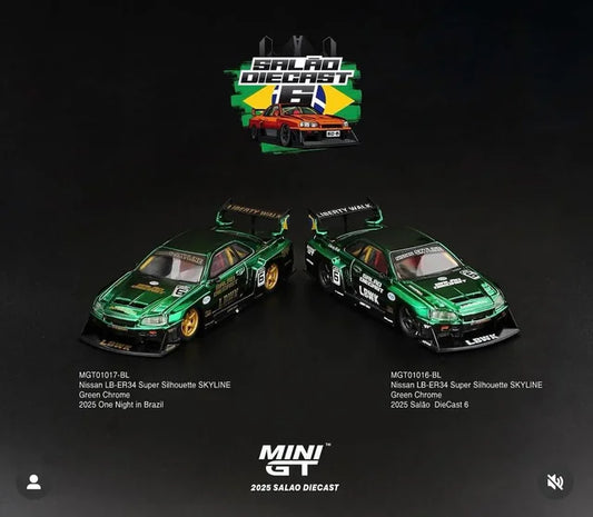 Mini GT 1:64 Nissan Skyline LB-ER34 Super Silhouette Chrome Green 2025 Salao Brazil Exclusive *PAIR*