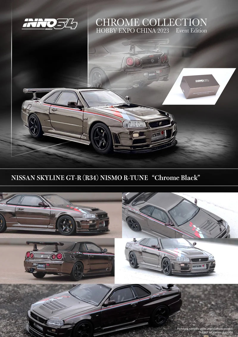 Inno64 1:64 Nissan Skyline GT-R (R34) R-Tune Hobby Expo China 2023 - Black Chrome