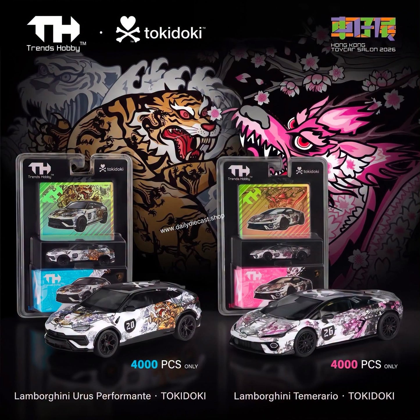 Trends Hobby x TOKIDOKI 1:64 Lamborghini Temerario & Lamborghini Urus Performante Set of 2 - 2026 HK Toy Car Salon