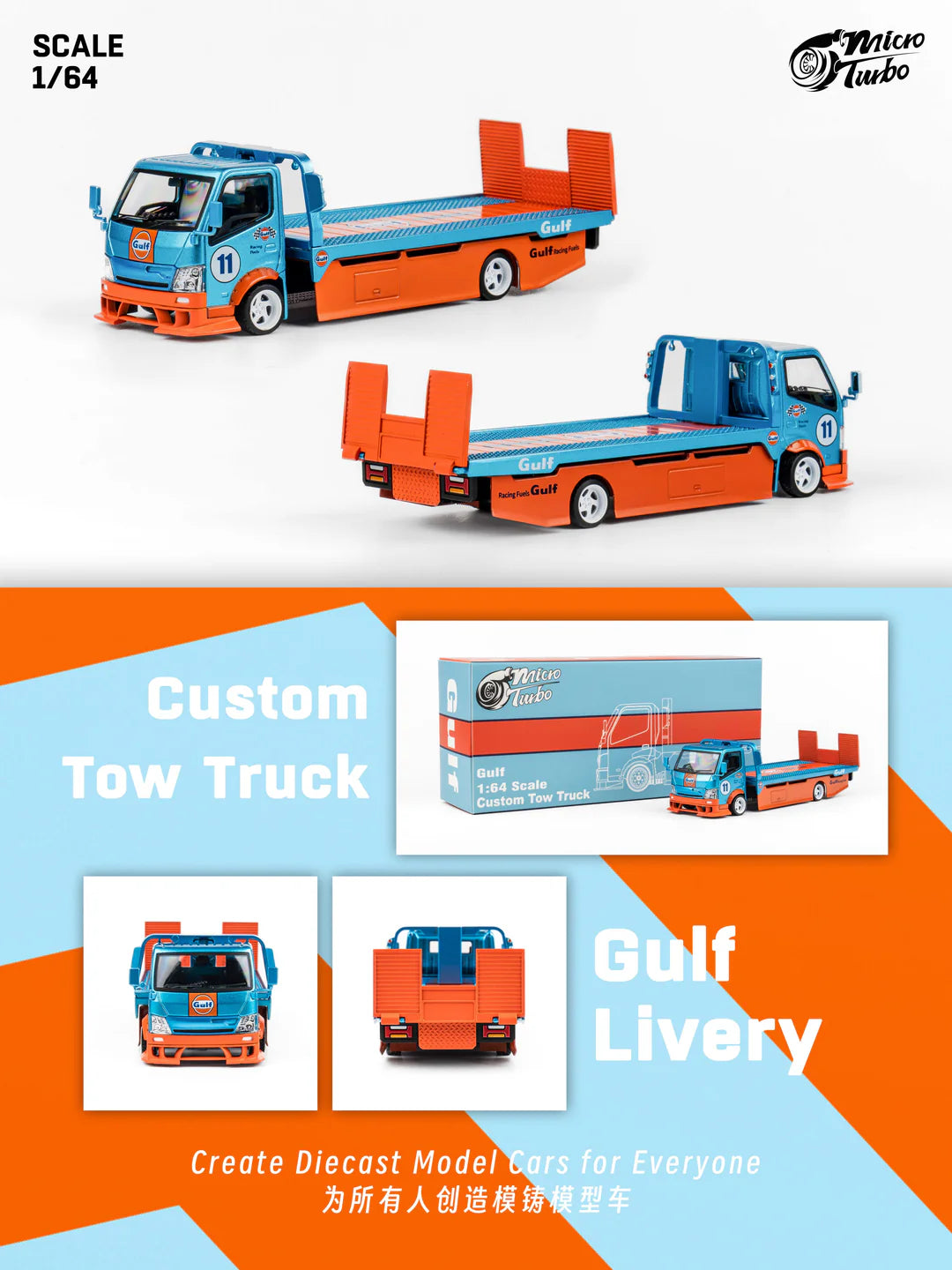 Micro Turbo 1:64 Custom Gulf Flatbed Tow Truck