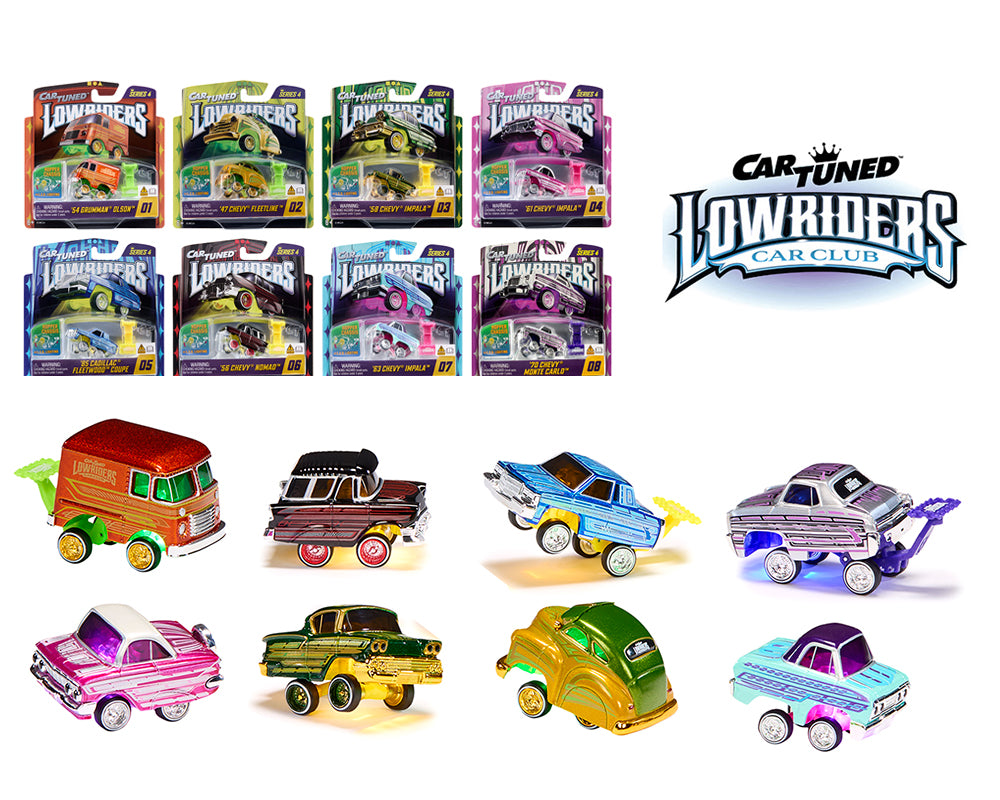 CarTuned 1:64 Lowriders SHOW GLOW 2026 Series 4 Set of 8 Styles – L.E.D. Light Up Chassis