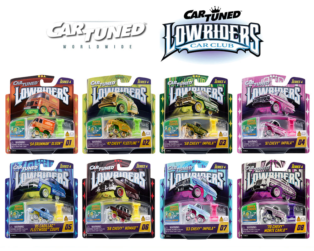 CarTuned 1:64 Lowriders SHOW GLOW 2026 Series 4 Set of 8 Styles – L.E.D. Light Up Chassis