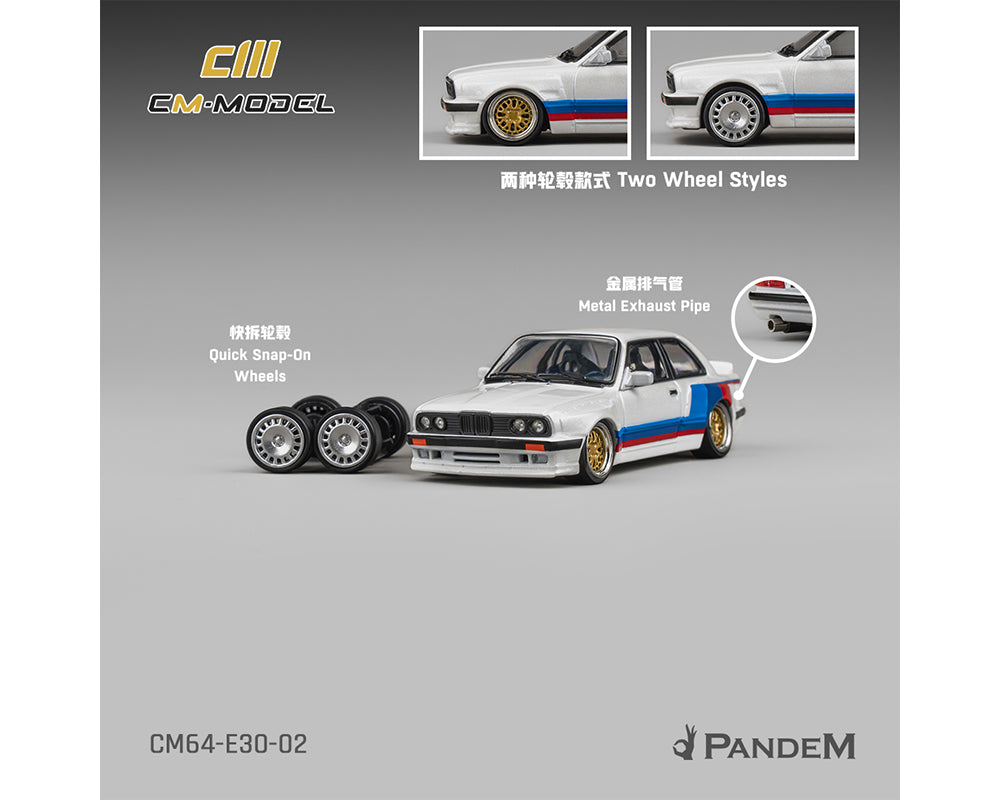 CM Model 1:64 BMW M3 E30 Alpine Pandem – White with M Tri-Stripes